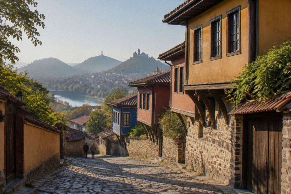 The three Old Town hills of Plovdiv seen from a distance, with church domes on the skyline