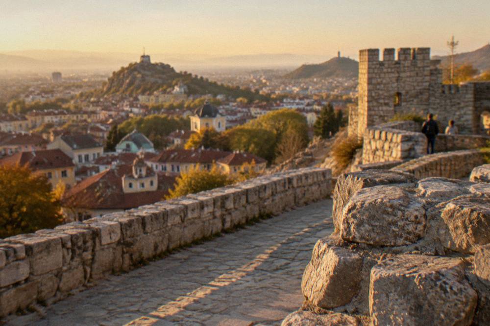 Stone fortification walls and viewing terraces on Nebet Tepe in Plovdiv