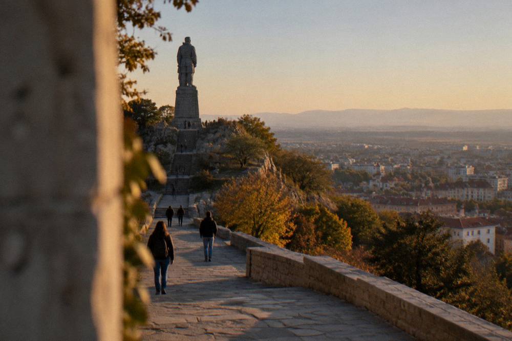 A wide park path on a city hill with people walking and a tall statue visible at the top