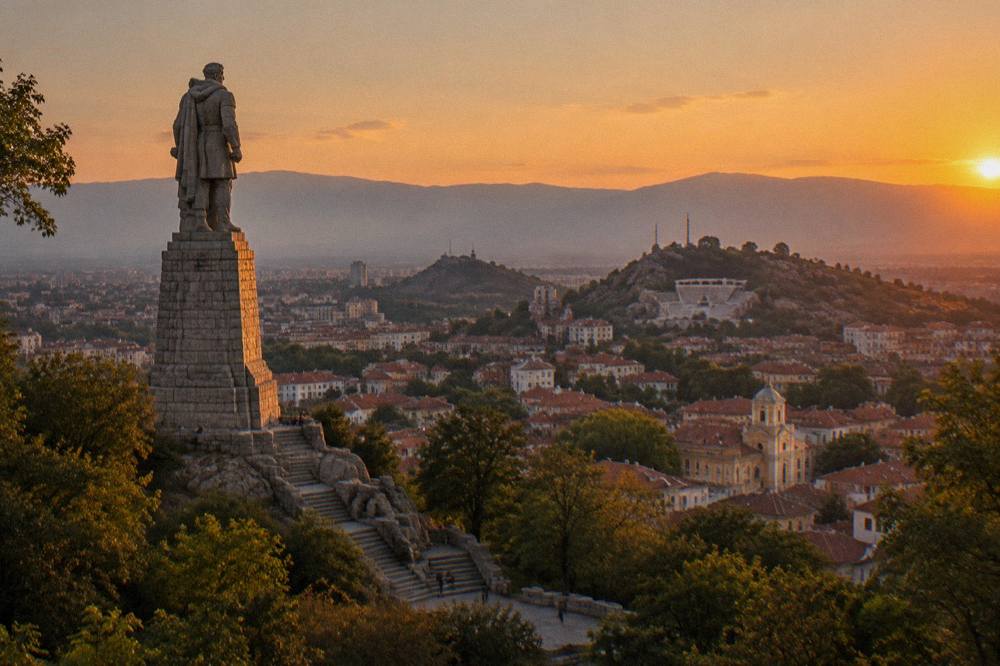A city skyline at dusk with red rooftops, a distant hilltop theatre and mountains on the horizon seen from a park
