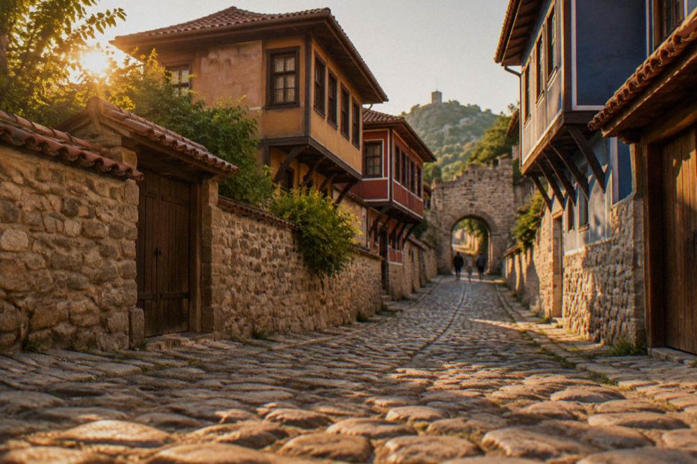 A narrow cobbled Old Town street leading uphill toward a stone gate