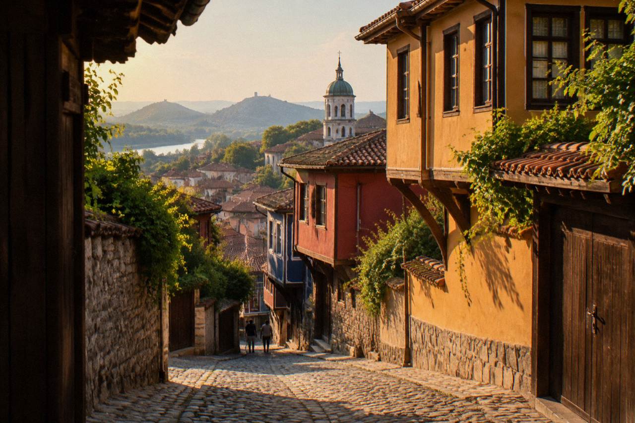 A small church with a dome and cross-topped spire rising above the rooftops of central Plovdiv