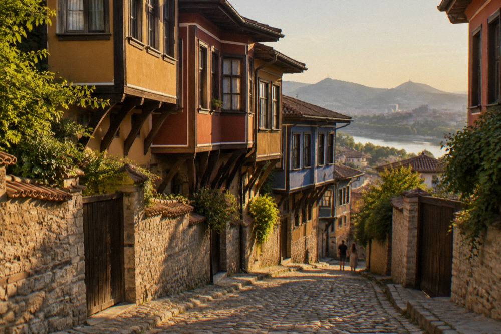 Colourful Revival-era houses on a sloping cobblestone street in Plovdiv Old Town