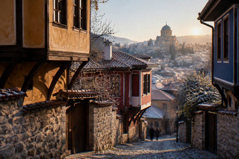 Evening light on a church dome above the rooftops of central Plovdiv