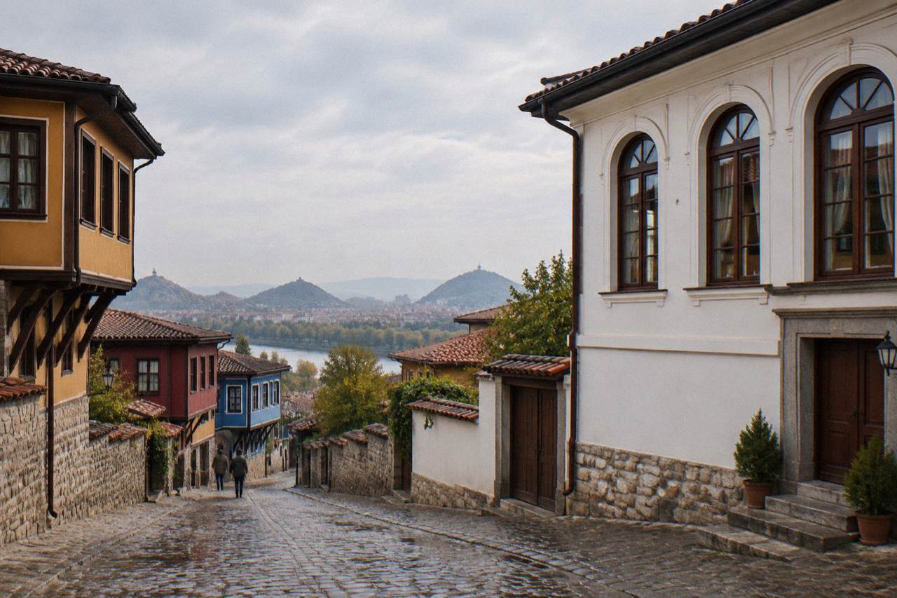 A restored Revival mansion facade in Plovdiv Old Town with tall arched windows and whitewashed walls