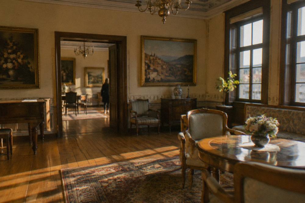 A grand salon inside a Revival mansion with wooden floors, high ceilings and paintings along the walls