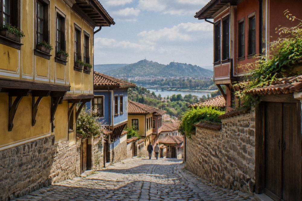 Cobblestone street in Plovdiv Old Town with Revival houses in warm colours