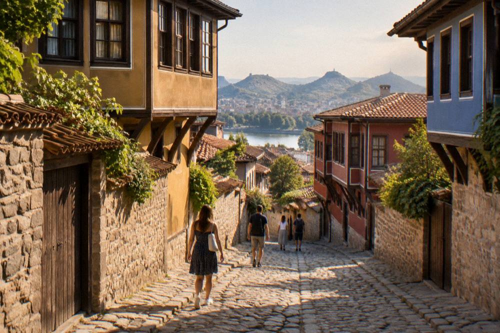 Visitors walking a cobbled lane between Revival houses in Plovdiv Old Town in warm evening light