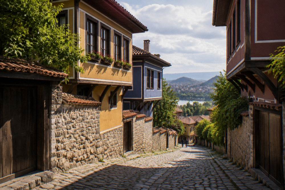 Colourful Bulgarian Revival house facade on a cobbled lane