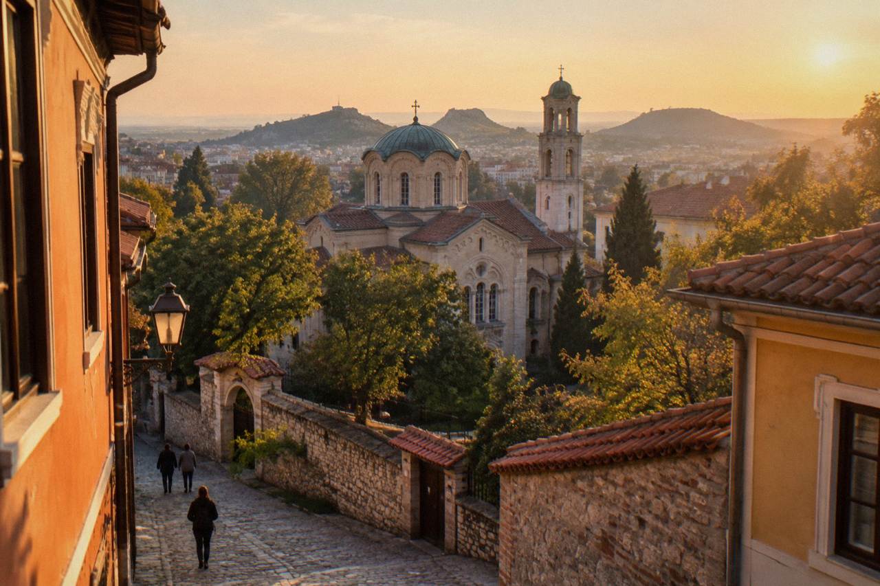 The Cathedral of the Dormition of the Mother of God in Plovdiv seen from a narrow Old Town street