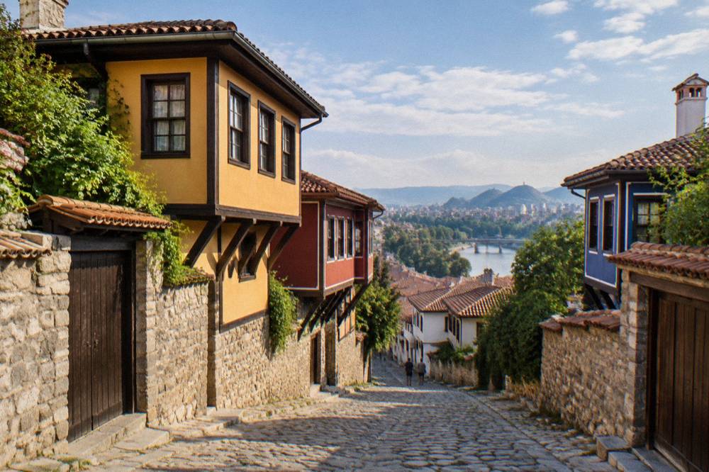 Cobbled Old Town street in Plovdiv with revival houses on a hillside