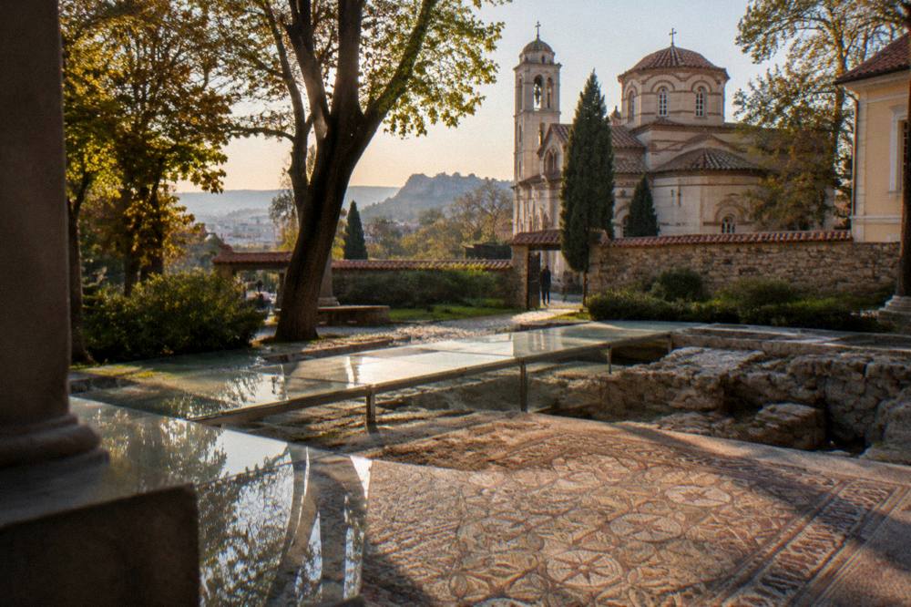 Floor mosaics of an early Christian basilica behind glass walkways