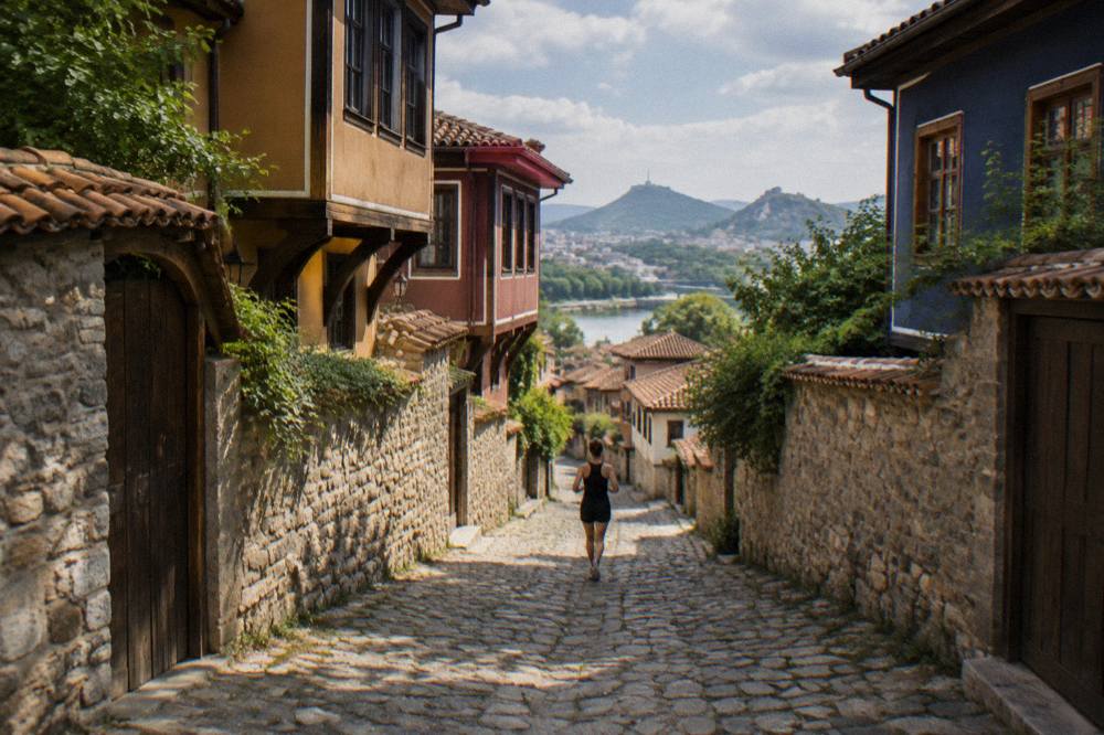 Cobbled street and old houses on the slopes of the Plovdiv Old Town