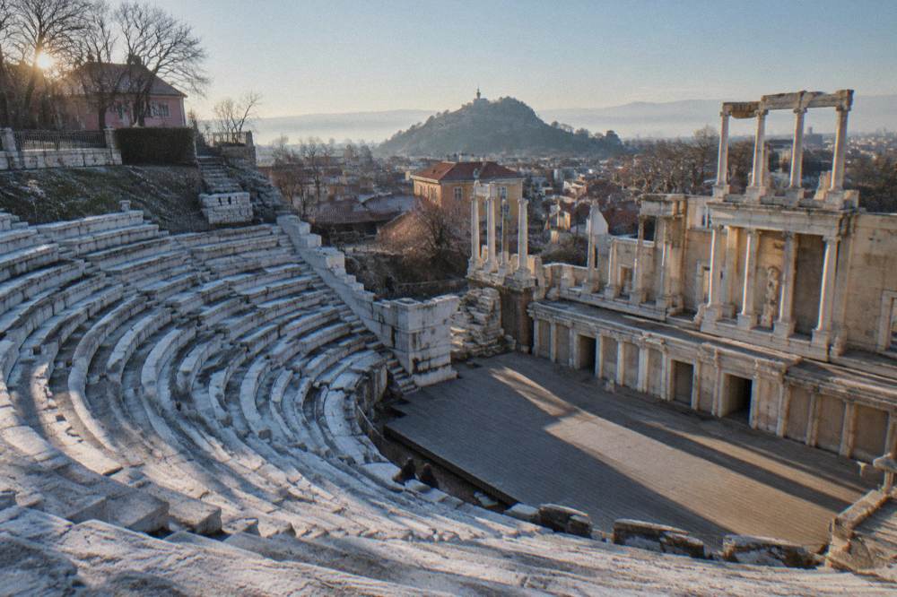 The marble seating rows of the Ancient Theatre of Philippopolis in Plovdiv