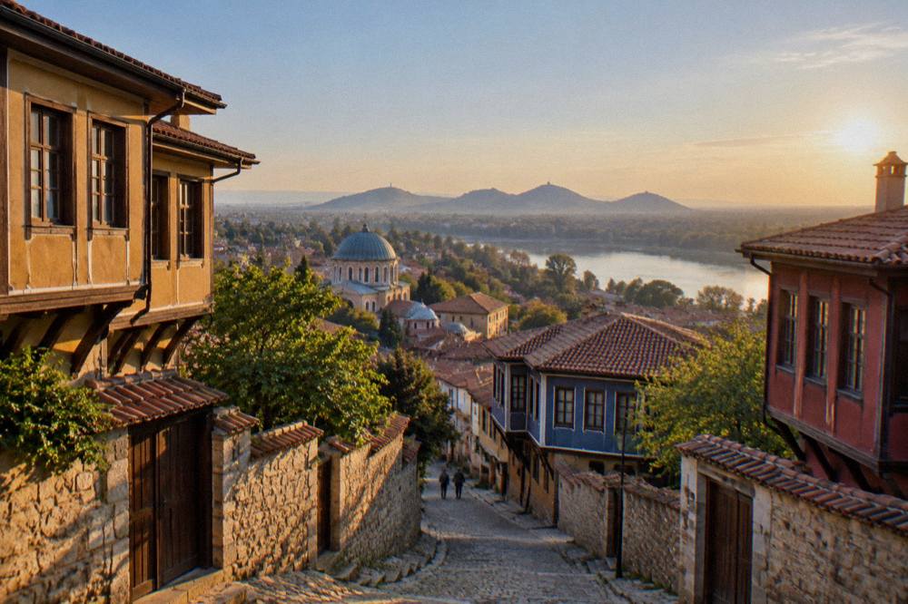 Evening light over the rooftops and domes of Plovdiv Old Town