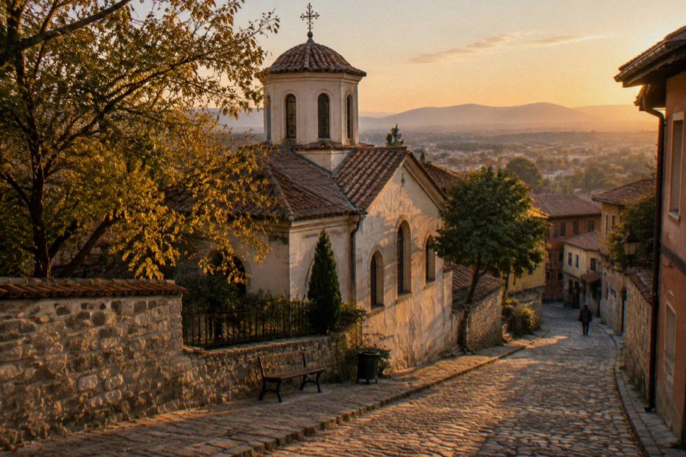 The stone lane outside the Church of Saint Marina in Plovdiv at dusk