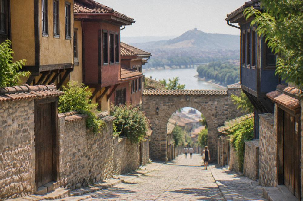 A cobbled Old Town street with stone walls and a stone gate arch in Plovdiv