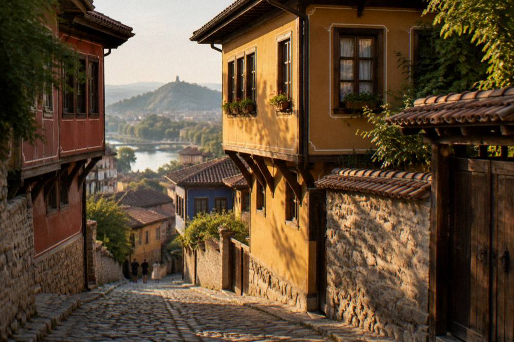 A quiet Old Town lane with stone paving and warm evening light on old house walls