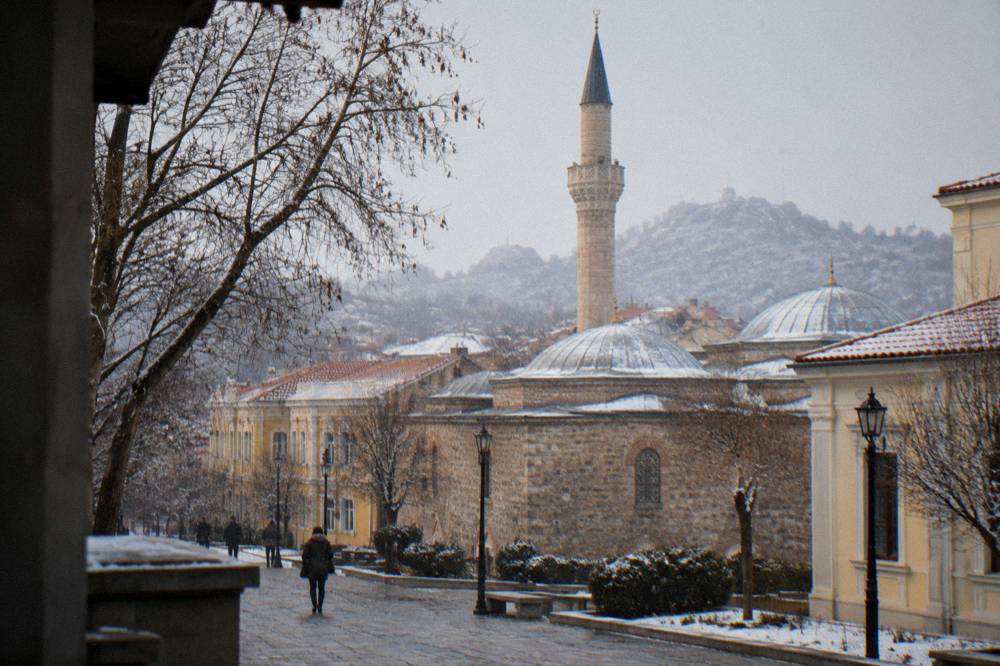 The minaret of the Dzhumaya Mosque rising above the rooftops of central Plovdiv
