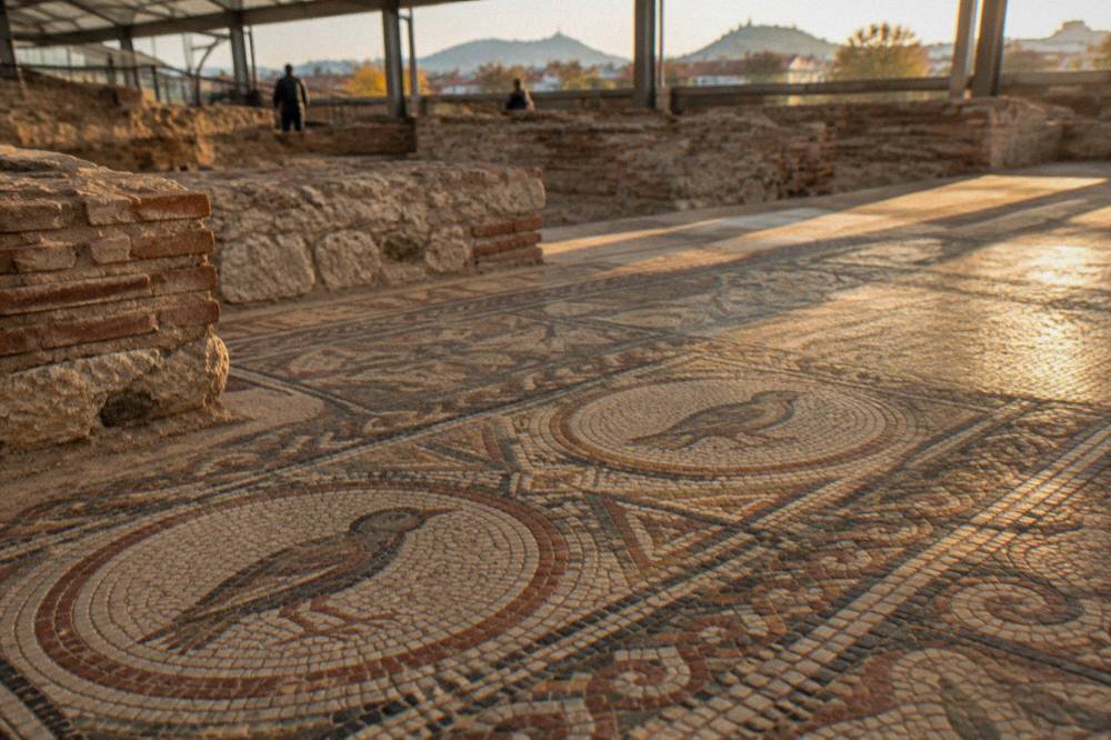 Detail of an early Christian mosaic floor with geometric patterns and birds at the Episcopal Basilica