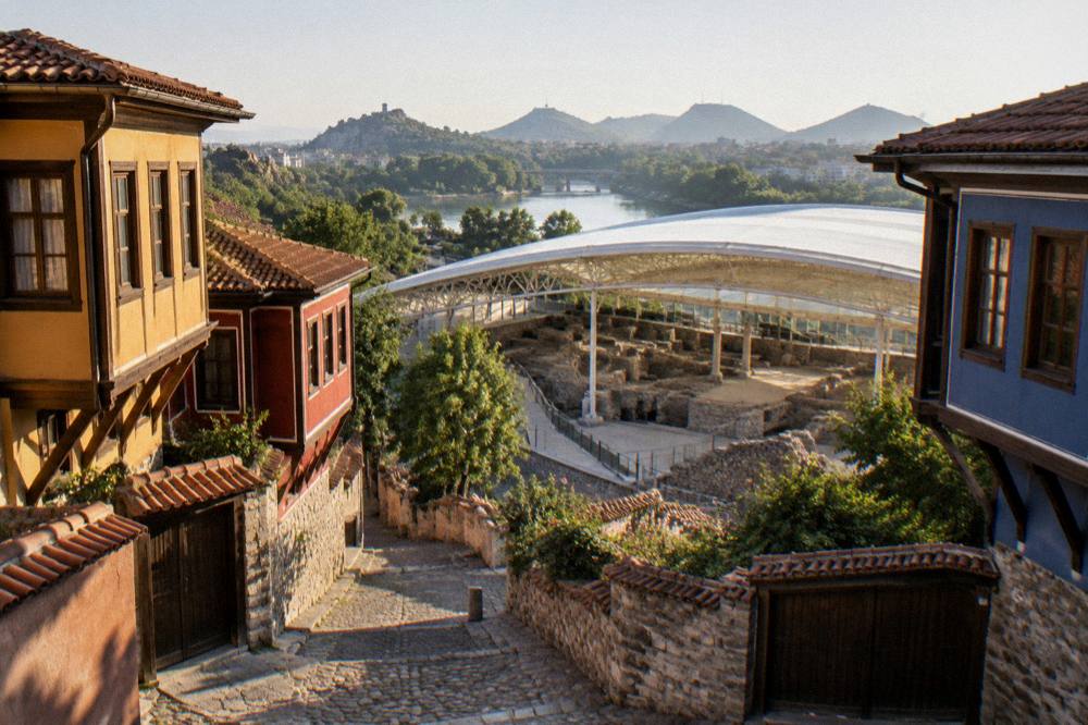 Exterior of the modern protective canopy over the basilica ruins in central Plovdiv