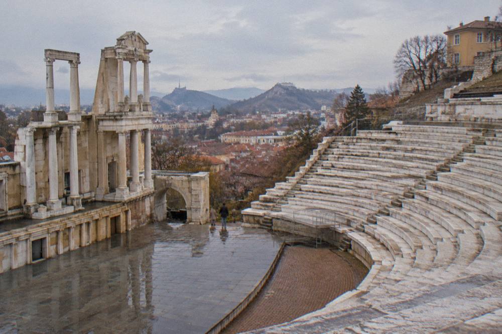 Marble rows of the Ancient Theatre of Philippopolis seen from the stage area