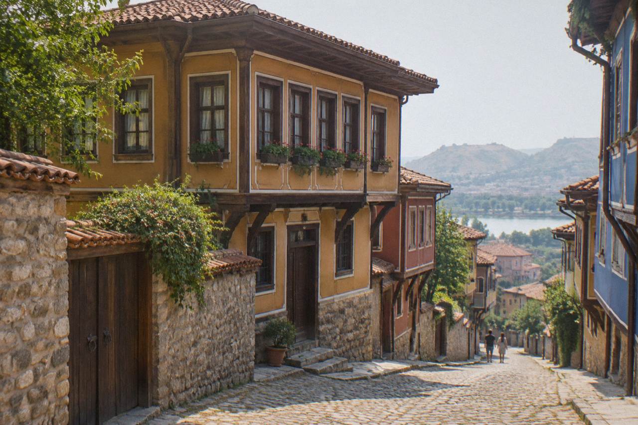 A National Revival house in Plovdiv's Old Town with a symmetric facade, deep eaves and a cobblestone lane in front