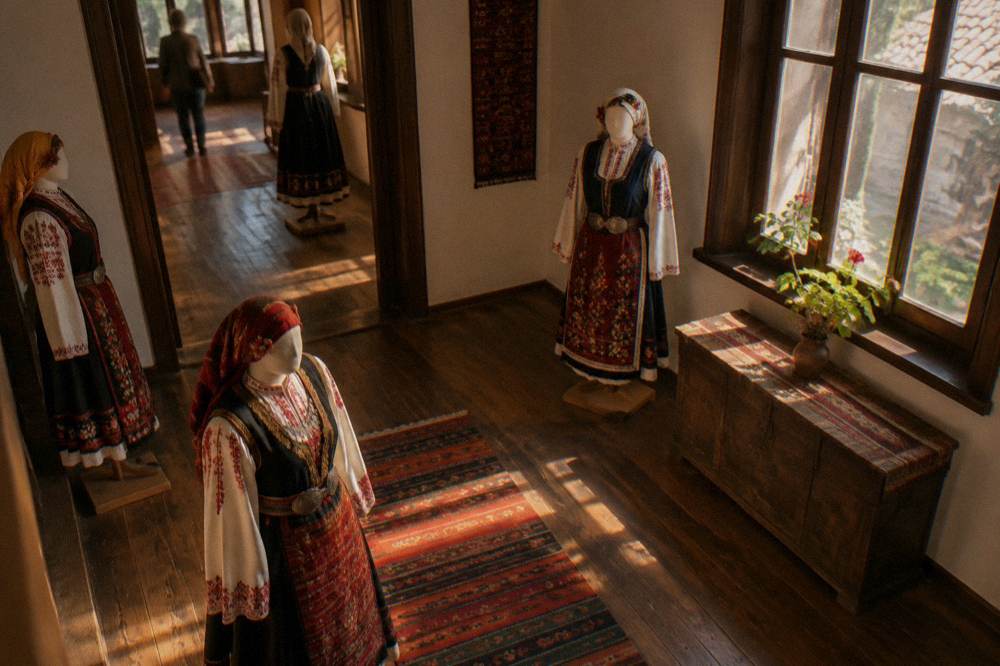 Traditional Bulgarian folk costumes on mannequins with embroidered aprons and headscarves in a museum room