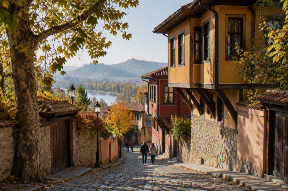 A sunlit Old Town lane in Plovdiv with sycamore trees and pastel house walls in autumn