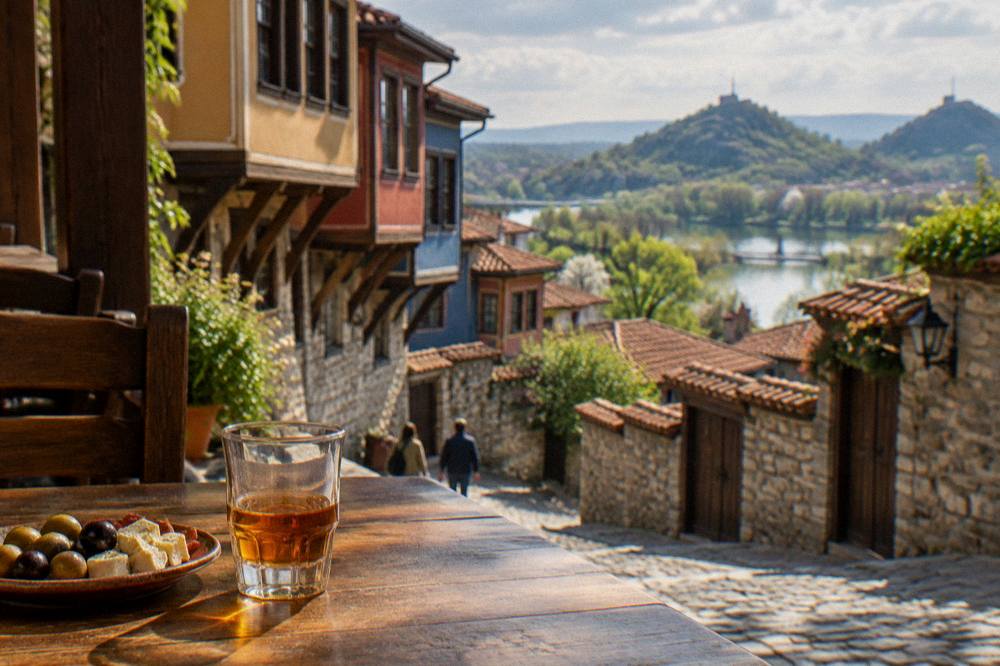 A glass of amber rakia beside a small plate of snacks on a wooden table in a Plovdiv tavern