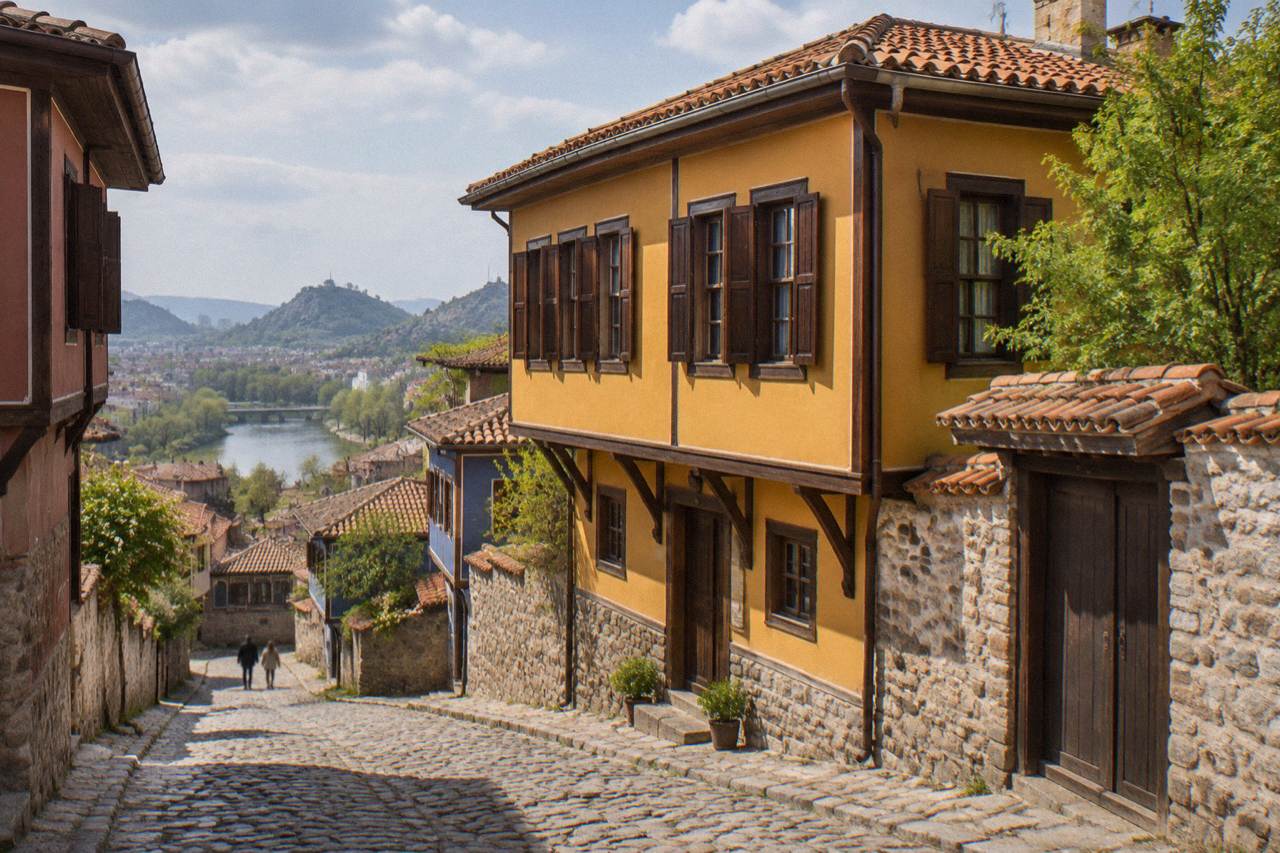 A symmetrical revival house with a yellow ochre facade and dark wooden shutters on a cobbled Plovdiv street