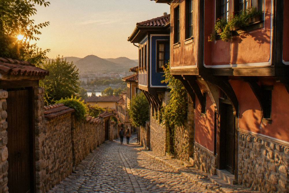 Narrow cobbled lane in Plovdiv Old Town lined with stone walls and revival houses under afternoon light