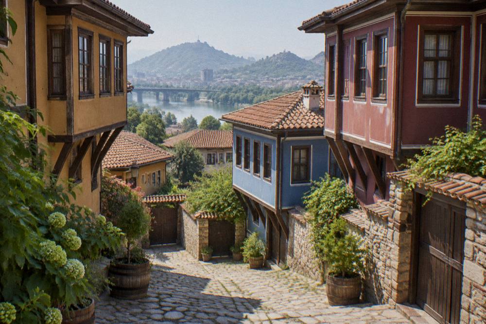 Sunlit courtyard between revival houses in Plovdiv with stone paving and green plants in wooden tubs