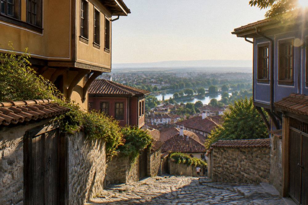 View over red rooftops of Plovdiv Old Town toward the plain beyond the city from a hilltop terrace