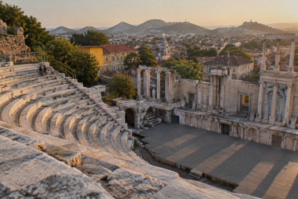 Evening light on the marble seat rows of an ancient theatre with the city skyline behind