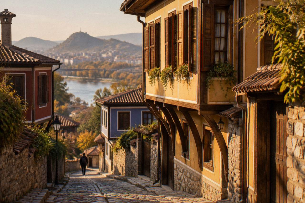 A restored old house facade with ochre walls and wooden shutters on a cobbled street in Plovdiv Old Town