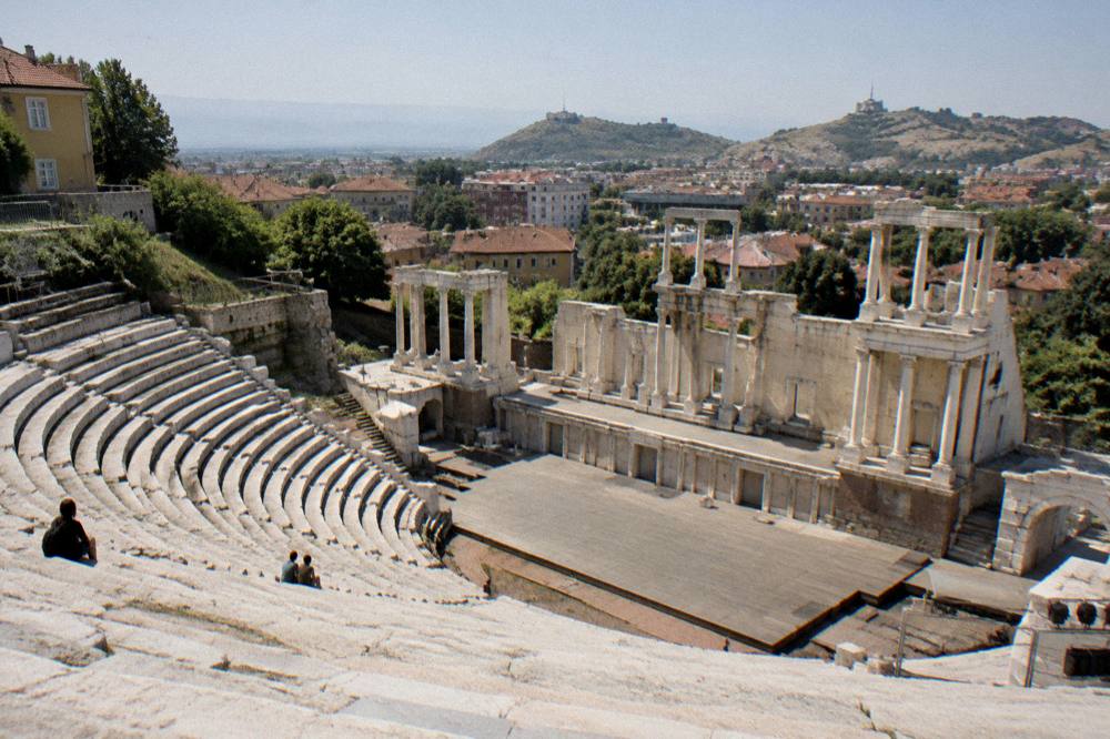 The marble seat rows of the Ancient Theatre of Philippopolis under an open sky in Plovdiv