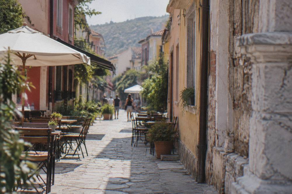 Narrow colourful streets of the Kapana creative district in Plovdiv with small shops and cafes