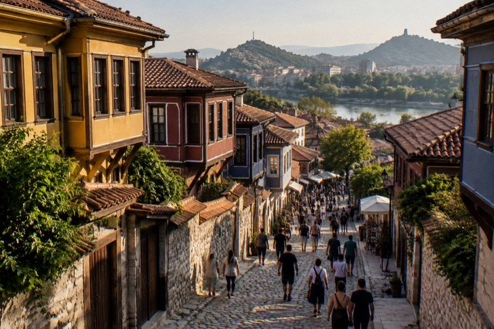 The pedestrian Main Street of Plovdiv with crowds walking between shops at dusk