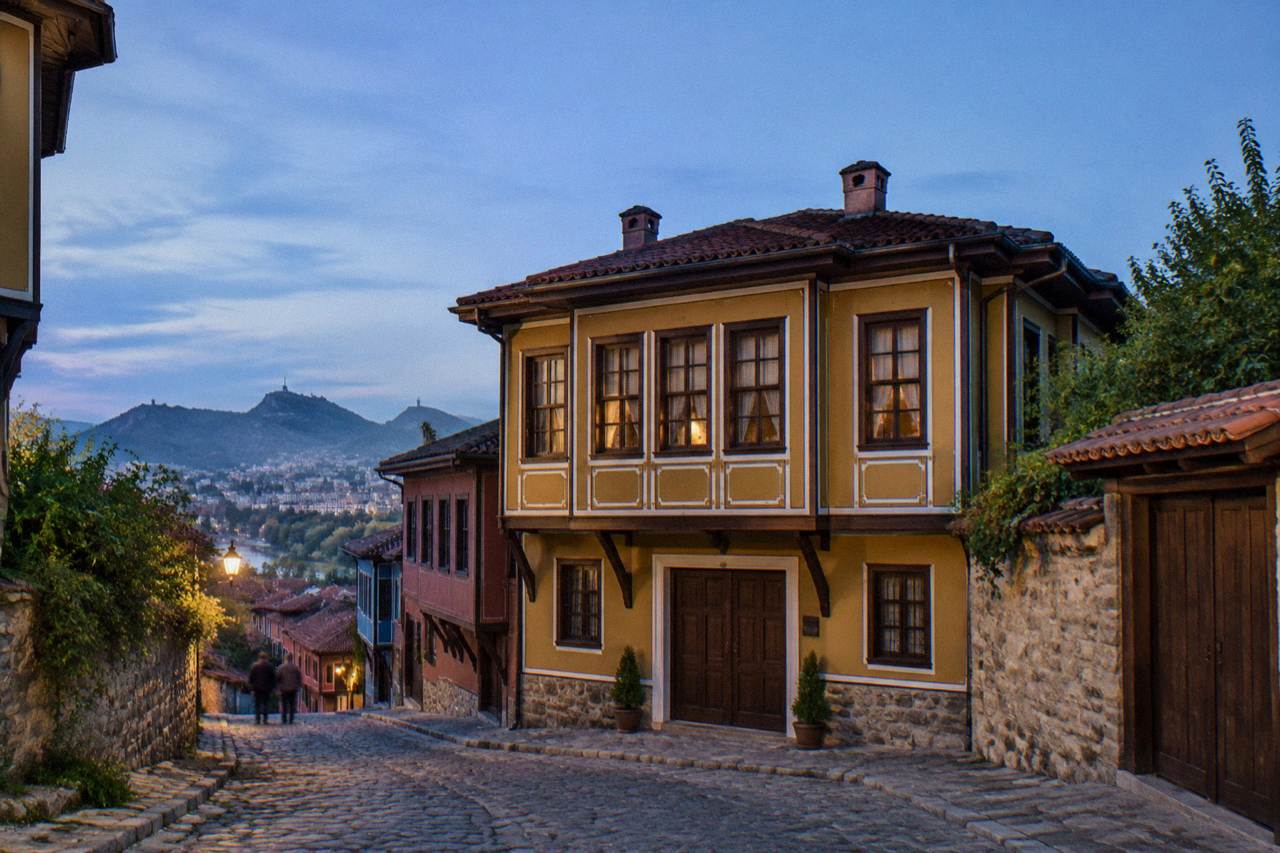 A restored Bulgarian revival house with a symmetrical facade on a cobbled Old Town street in Plovdiv