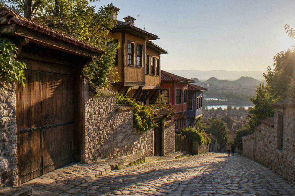 A wooden gate and stone wall of a revival house with sunlight falling across the cobbles in Plovdiv