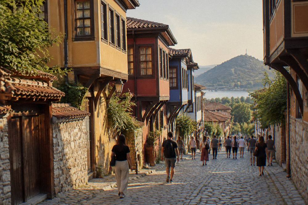The central pedestrian main street of Plovdiv with crowds and facades in daylight