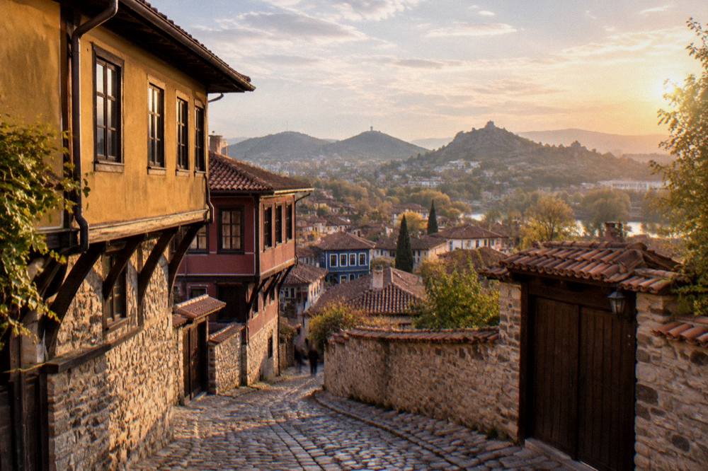 Rooftops of the Old Town of Plovdiv at golden hour with hills in the background