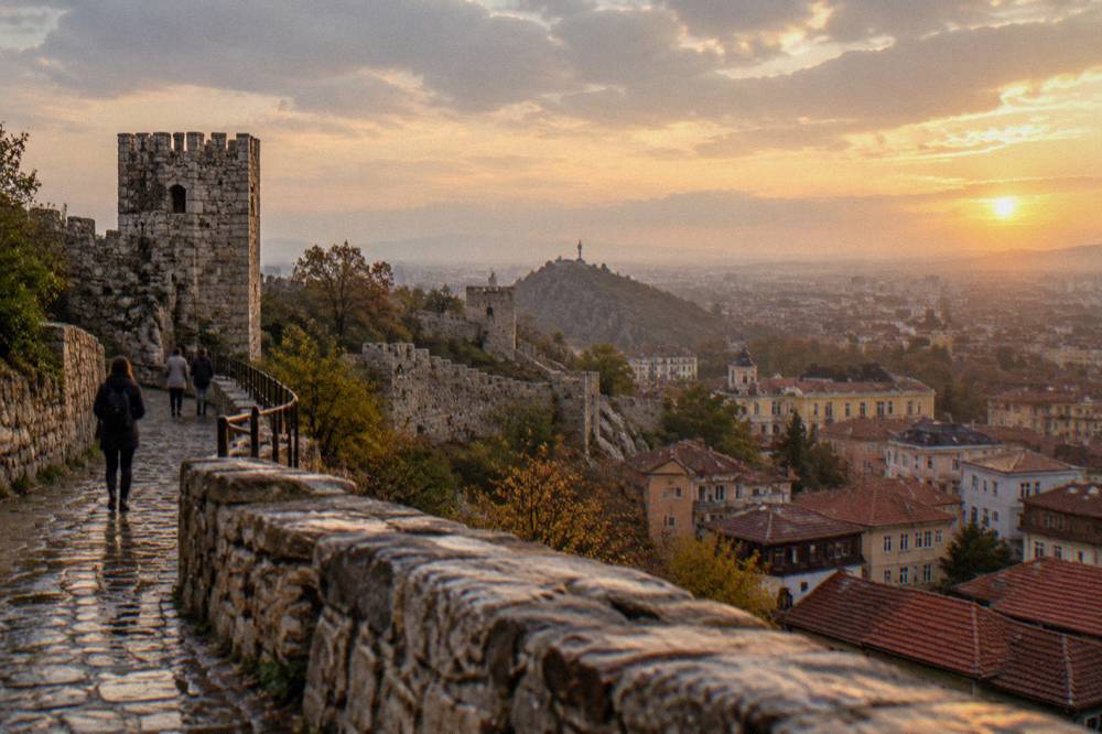 Pathway along restored fortress walls on Nebet Tepe at golden hour
