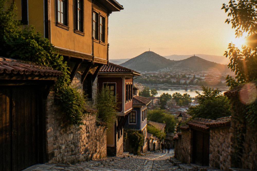 Sunset light over the Three Hills of Plovdiv seen from Nebet Tepe