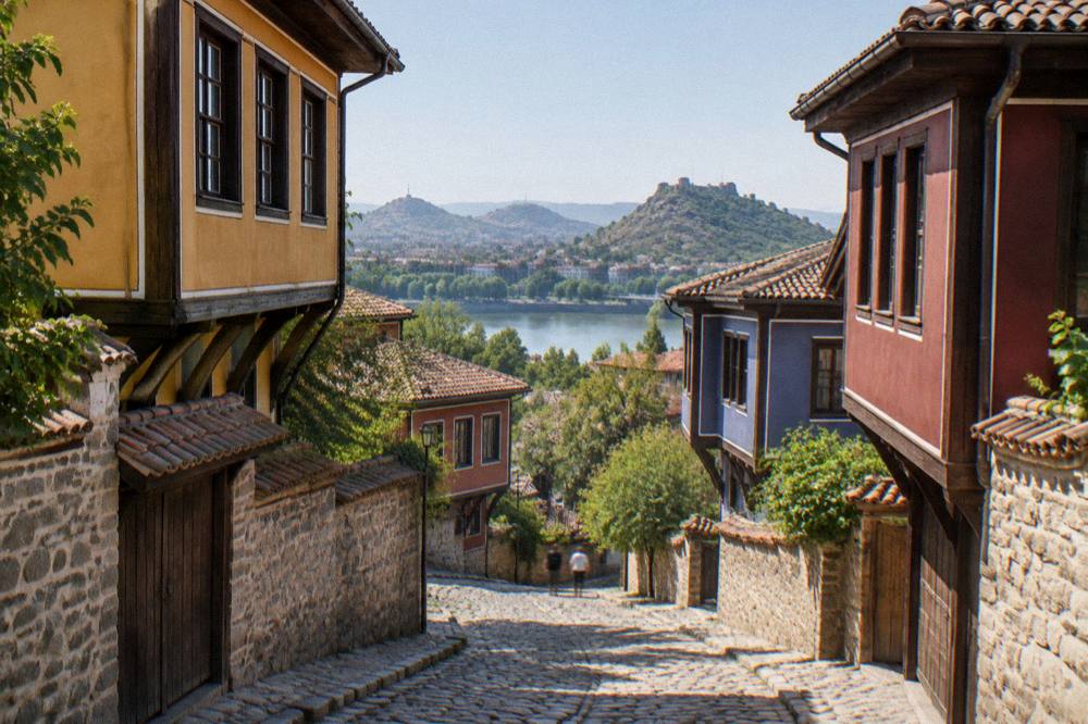 Cobbled Old Town street in Plovdiv leading up toward Nebet Tepe