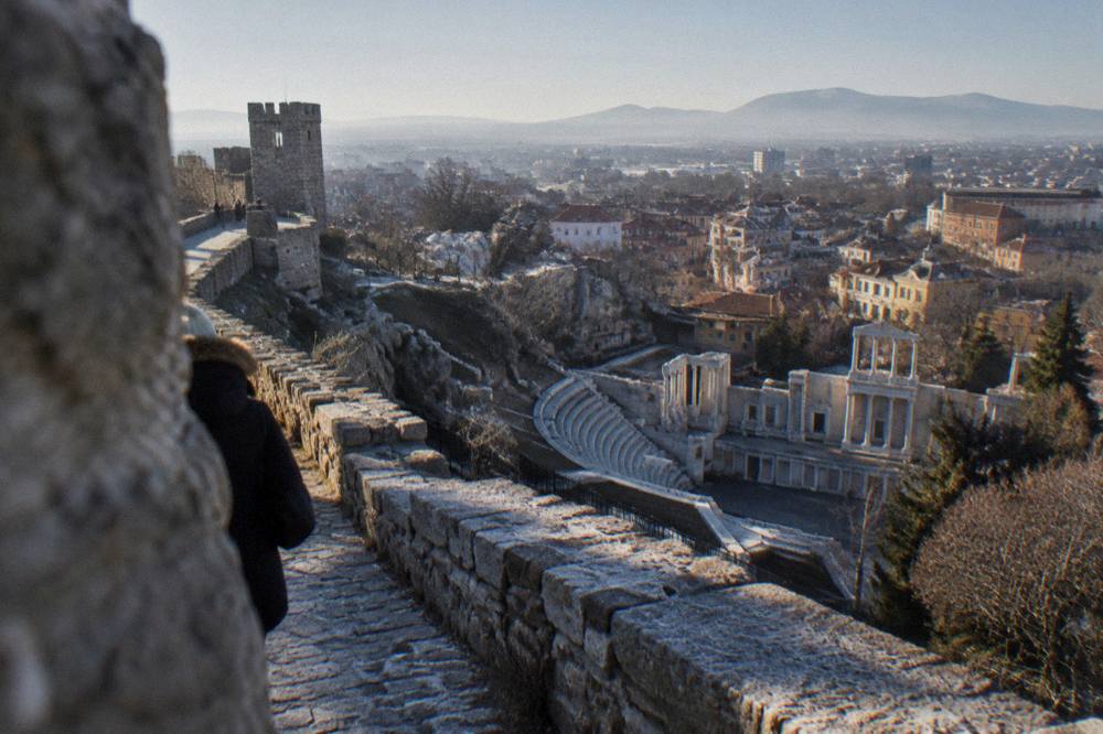 View from Nebet Tepe toward the Ancient Theatre and Old Town rooftops of Plovdiv