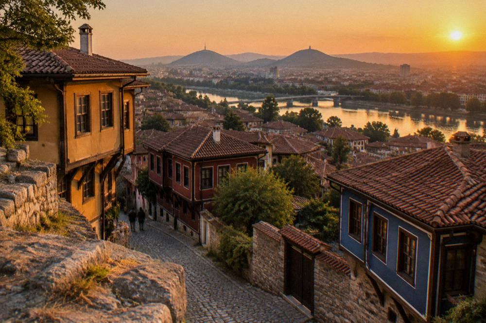 Evening panorama of Plovdiv city lights seen from the Nebet Tepe plateau