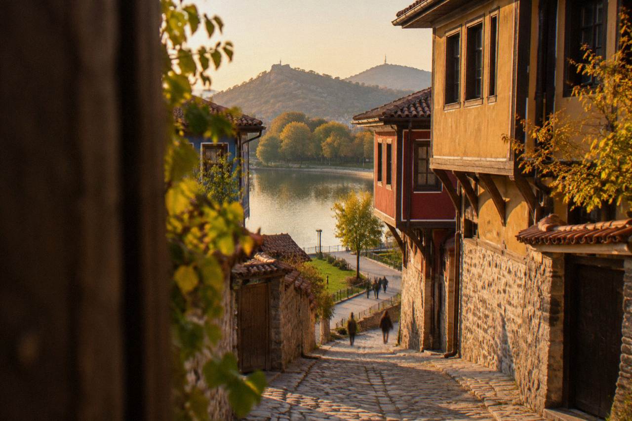 A calm regatta water basin ringed by a walking path and green banks on the edge of Plovdiv