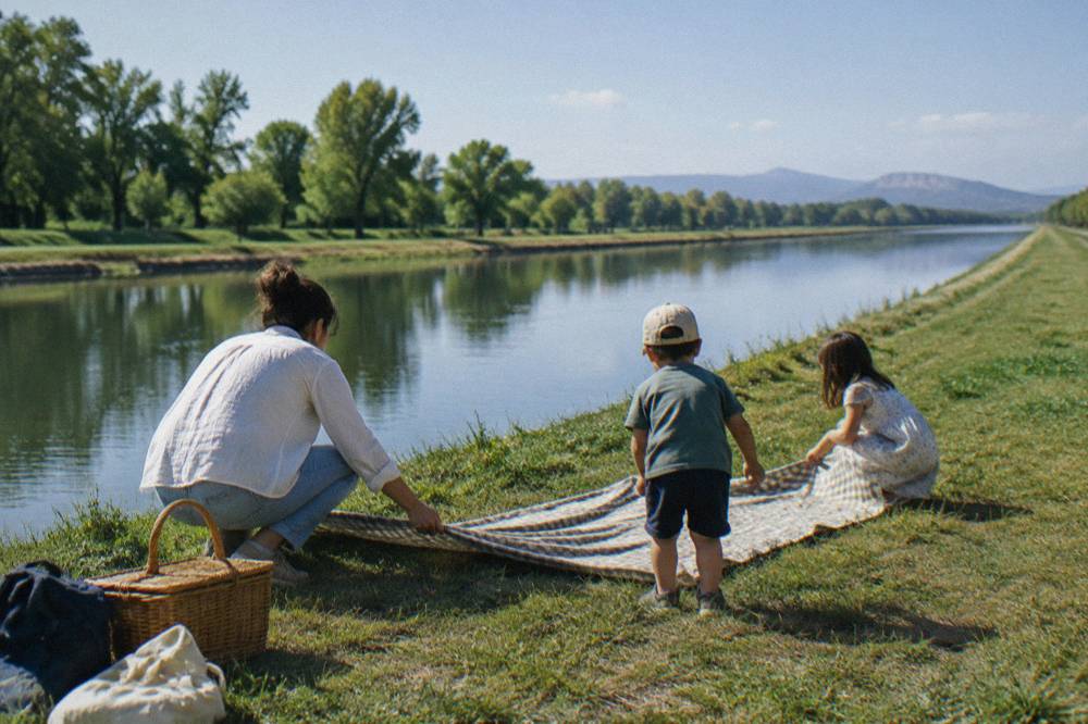 A family spreading a picnic blanket on grass beside the water with the canal stretching behind